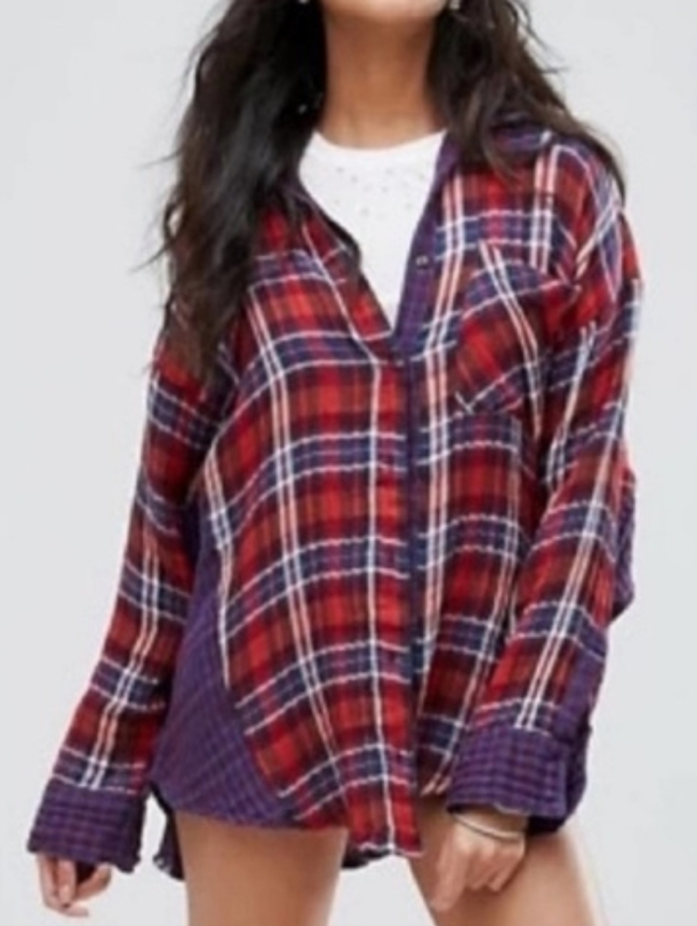 Free People Red and Purple Plaid Button-Down Shirt